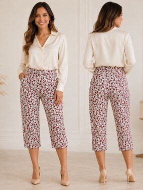 Rachel Zoe Cream Cropped Pants with Red Floral Print